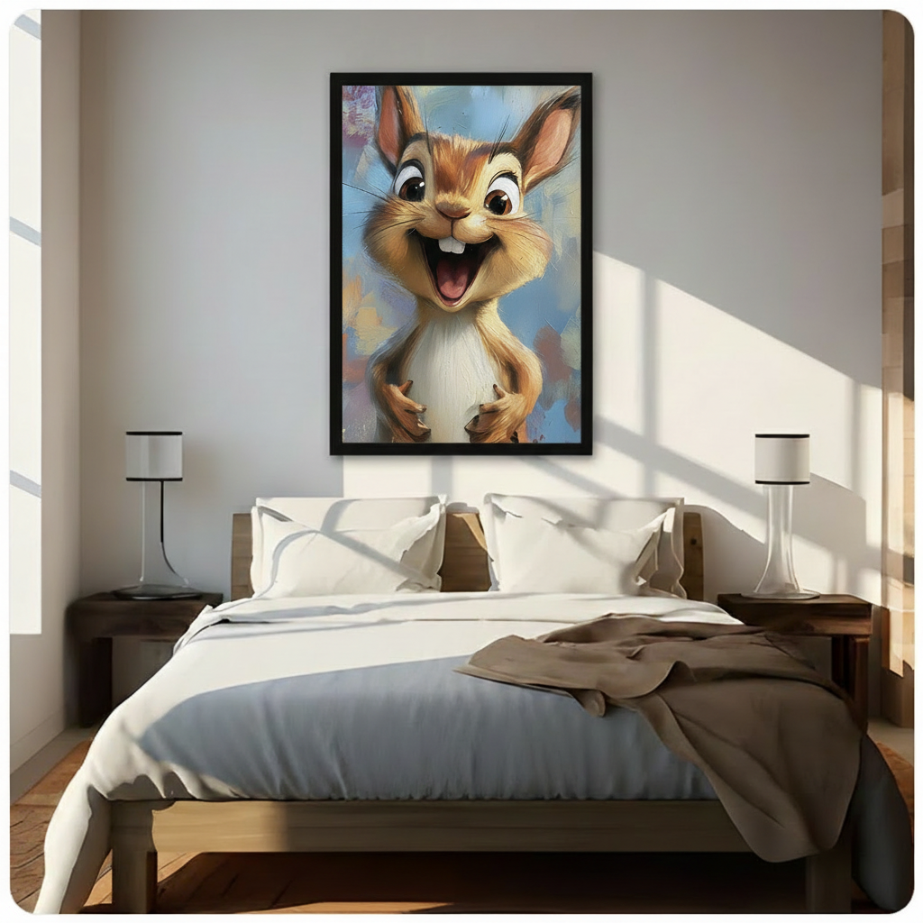 Funny squirrel framed art print above bed – cute big-eyed laughing squirrel oil painting illustration – whimsical animal wall decor for bedroom with natural light