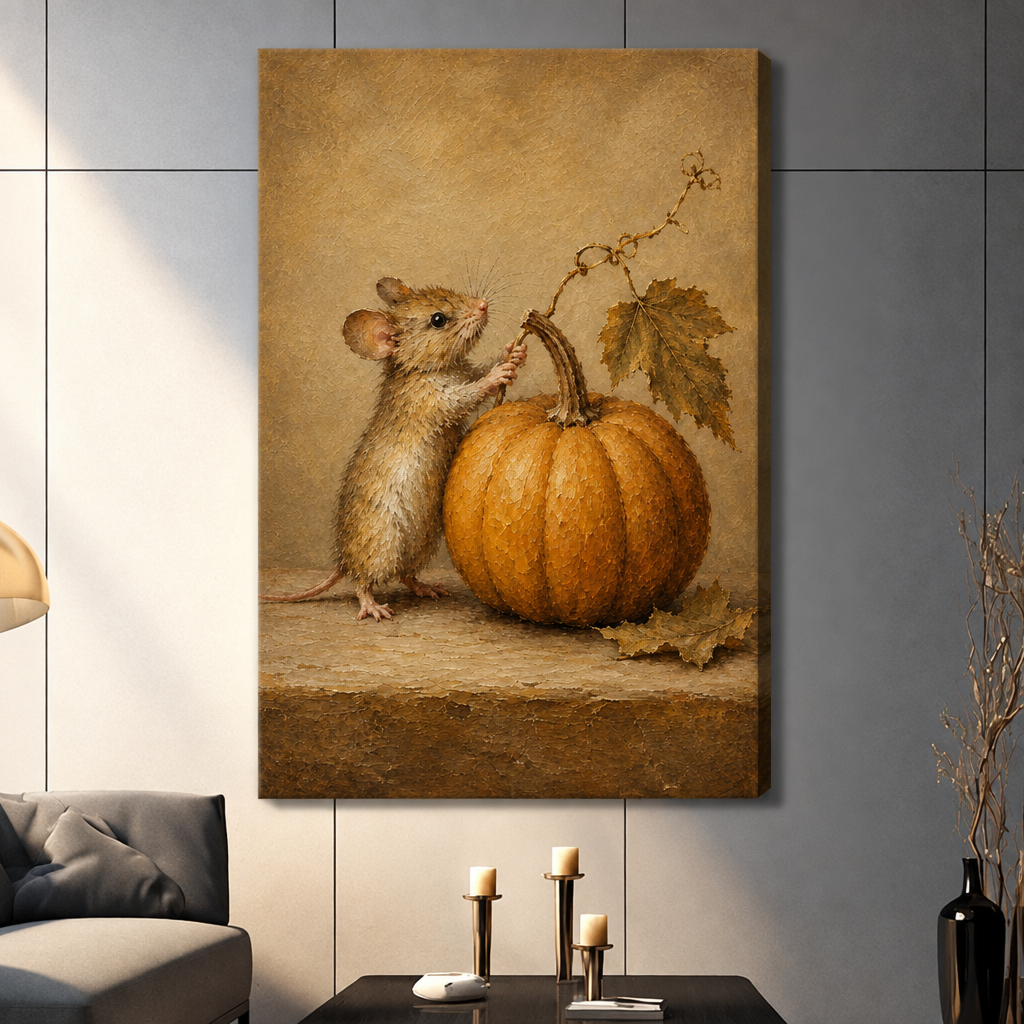 Vintage oil painting of a small brown mouse standing beside a large orange pumpkin with autumn leaves on a warm tan background cute animal wall art stretched canvas dark panel wall living room