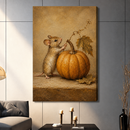 Vintage oil painting of a small brown mouse standing beside a large orange pumpkin with autumn leaves on a warm tan background cute animal wall art stretched canvas dark panel wall living room