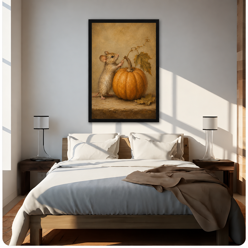 Vintage oil painting of a small brown mouse standing beside a large orange pumpkin with autumn leaves on a warm tan background cute animal wall art framed print above bed sunlit bedroom