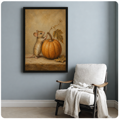 Vintage oil painting of a small brown mouse standing beside a large orange pumpkin with autumn leaves on a warm tan background cute animal wall art framed print beside armchair blue-gray wall