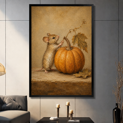 Vintage oil painting of a small brown mouse standing beside a large orange pumpkin with autumn leaves on a warm tan background cute animal wall art framed print dark panel wall living room