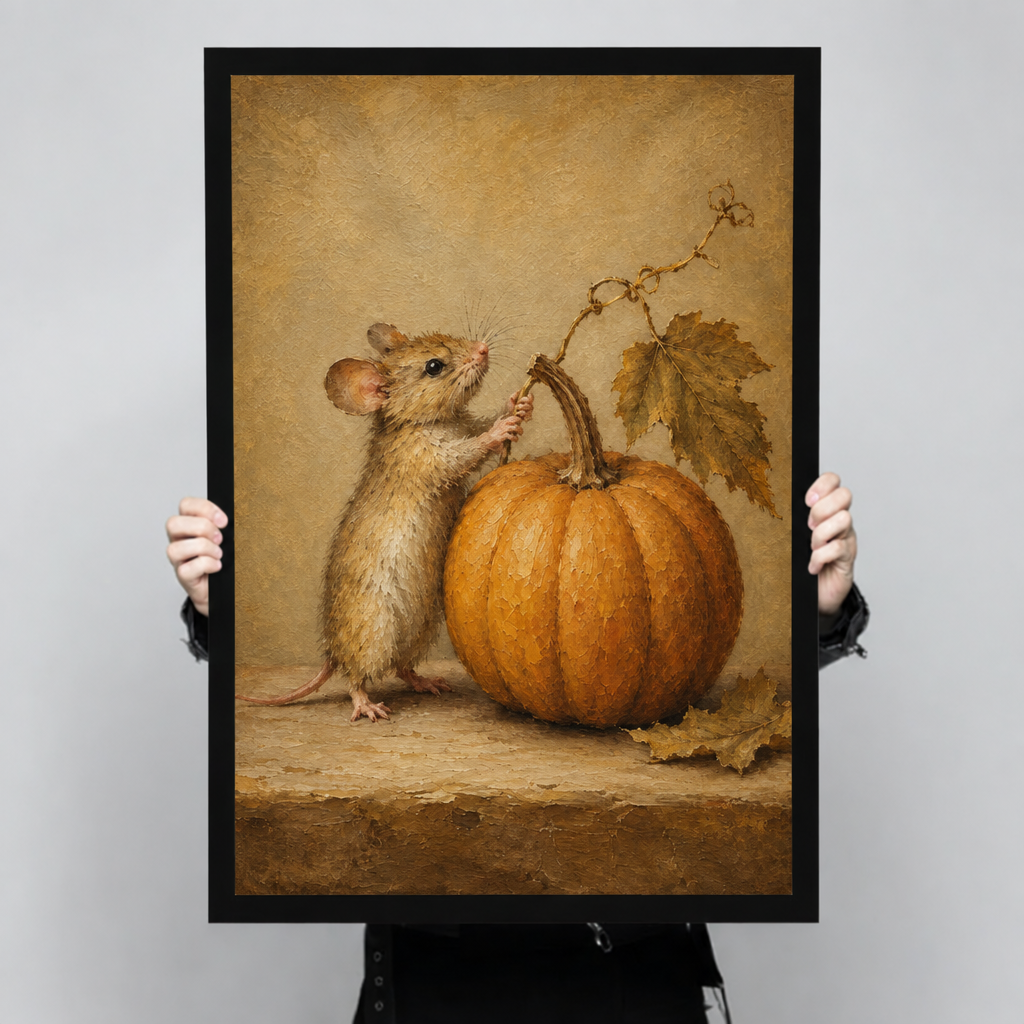 Vintage oil painting of a small brown mouse standing beside a large orange pumpkin with autumn leaves on a warm tan background cute animal wall art framed print held up