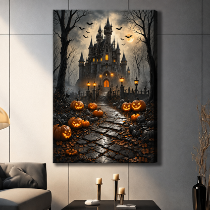 Gothic illustration of a dark haunted castle with glowing orange windows and arched doorway surrounded by bare trees flying bats and a full moon with glowing jack-o-lanterns lining a cobblestone path halloween wall art stretched canvas dark panel wall living room