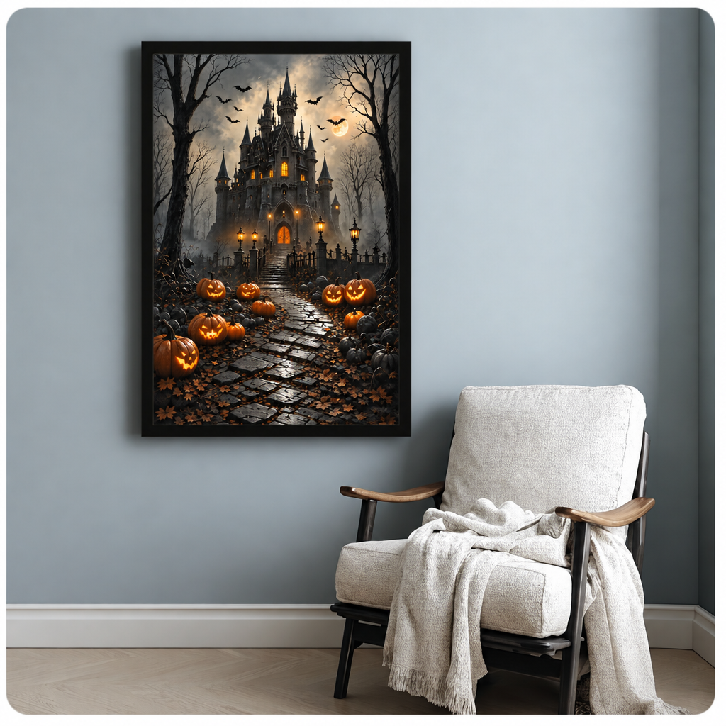Gothic illustration of a dark haunted castle with glowing orange windows and arched doorway surrounded by bare trees flying bats and a full moon with glowing jack-o-lanterns lining a cobblestone path halloween wall art framed print beside armchair blue-gray wall