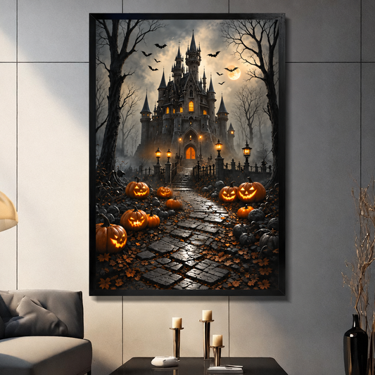 Gothic illustration of a dark haunted castle with glowing orange windows and arched doorway surrounded by bare trees flying bats and a full moon with glowing jack-o-lanterns lining a cobblestone path halloween wall art framed print dark panel wall living room