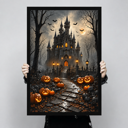 Gothic illustration of a dark haunted castle with glowing orange windows and arched doorway surrounded by bare trees flying bats and a full moon with glowing jack-o-lanterns lining a cobblestone path halloween wall art framed print held up