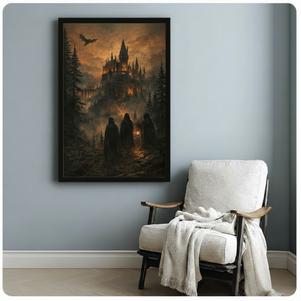 Haunted castle gothic wall art framed in black beside a cozy reading chair, dark fantasy painting with dragon and pine forest atmosphere
