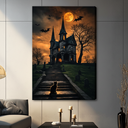 Halloween haunted mansion stretched canvas wall art with glowing full moon and silhouette bats, gallery-wrapped and displayed in a contemporary dark living room