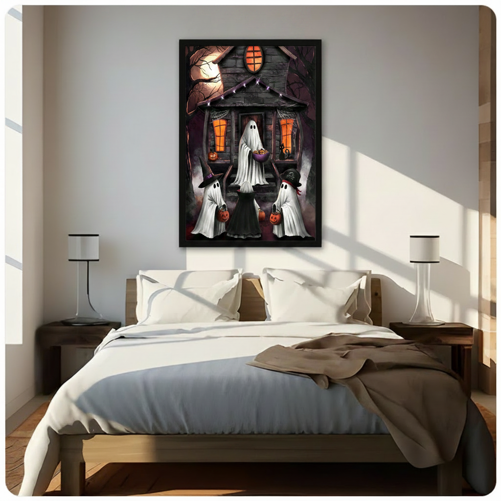 Halloween haunted house canvas wall art hangs above a bright bedroom with white bedding and warm wooden accents.