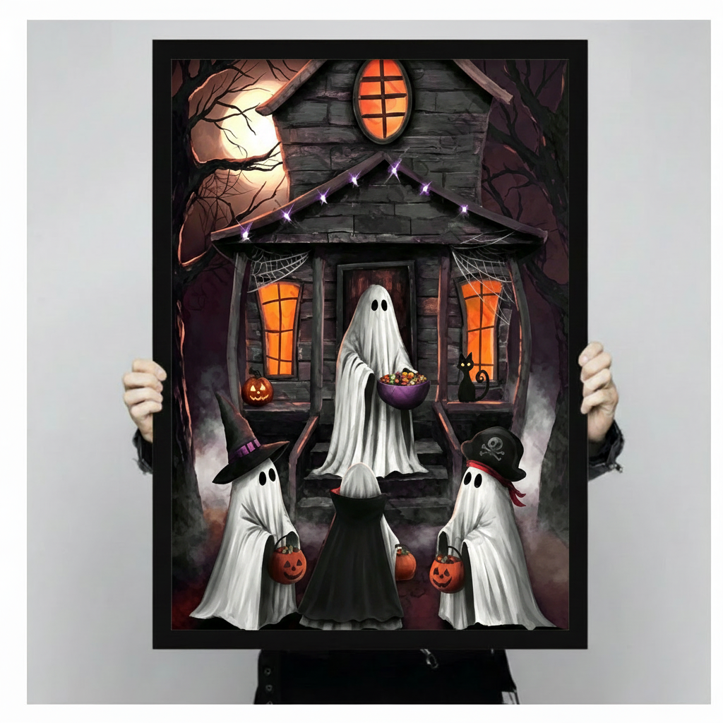 Hands hold framed Halloween wall art featuring three friendly ghosts, pumpkins, glowing windows, and a haunted house under moonlight.
