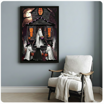 Halloween ghost house wall art decorates a reading chair corner with a soft throw, creating a cozy seasonal accent.