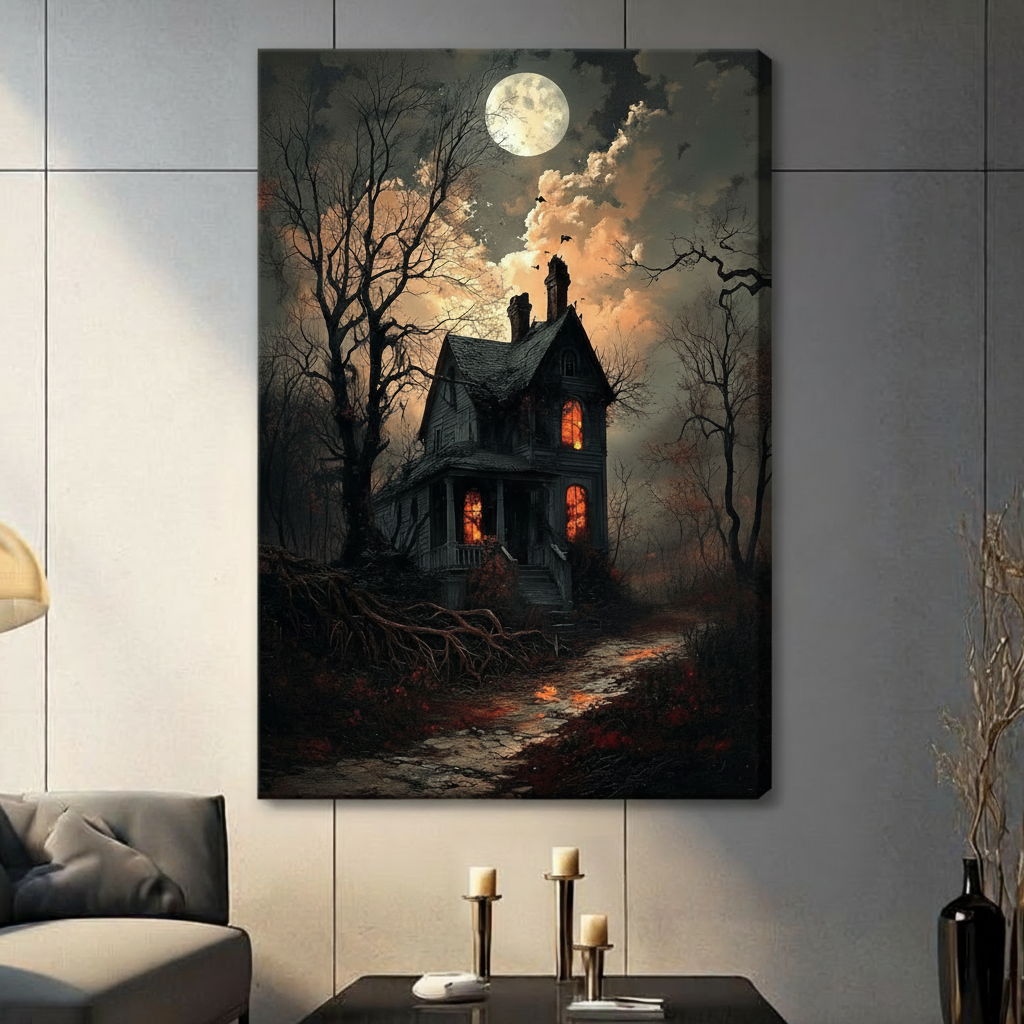 Dark gothic oil painting of a crumbling Victorian haunted house with glowing orange windows surrounded by gnarled bare trees and bats under a full moon gothic wall art stretched canvas in living room with light gray panel wall and dark sofa