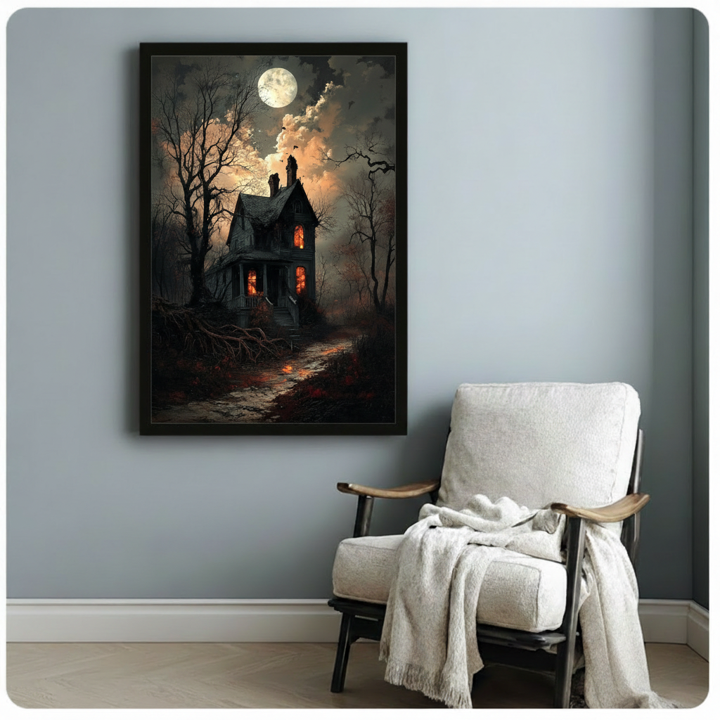 Dark gothic oil painting of a crumbling Victorian haunted house with glowing orange windows surrounded by gnarled bare trees and bats under a full moon gothic wall art framed print beside white armchair on blue-gray wall
