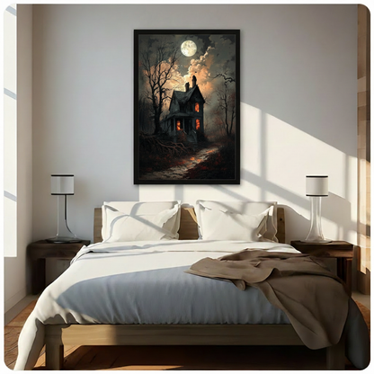 Dark gothic oil painting of a crumbling Victorian haunted house with glowing orange windows surrounded by gnarled bare trees and bats under a full moon gothic wall art framed print above bedroom with white bedding and dark wood bedside tables