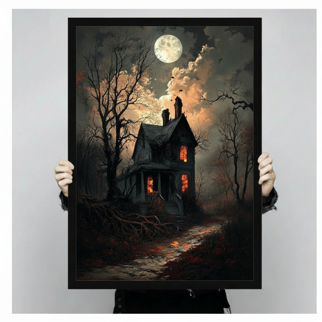 Dark gothic oil painting of a crumbling Victorian haunted house with glowing orange windows surrounded by gnarled bare trees and bats under a full moon gothic wall art framed print held against light gray background