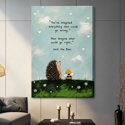 Cute hedgehog and bee motivational quote gallery wrap canvas art with no frame, light blue sky and green daisy meadow, hung in a modern dark gray living room with candlestick decor
