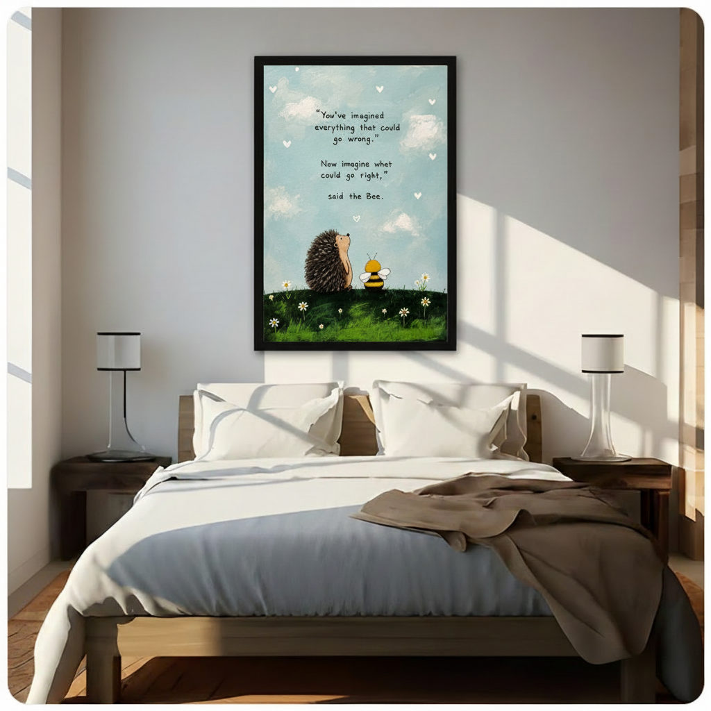 Whimsical hedgehog and bee motivational quote framed wall art above a bed with white linen bedding, dark wood nightstands and modern table lamps, cute animal inspirational canvas print bedroom decor