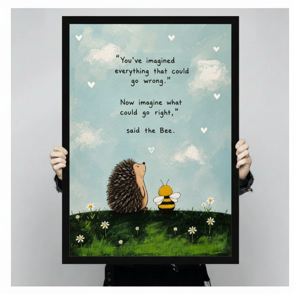 Hedgehog and bee whimsical quote wall art in black frame held up against a light gray backdrop, cute animal inspirational canvas print with sky blue background and daisy meadow