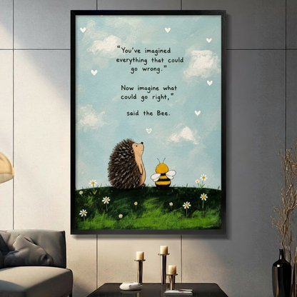 Whimsical hedgehog and bee inspirational quote canvas wall art in black frame, sky blue background with daisy meadow illustration, displayed in a dark gray living room with candlestick holders on a console table
