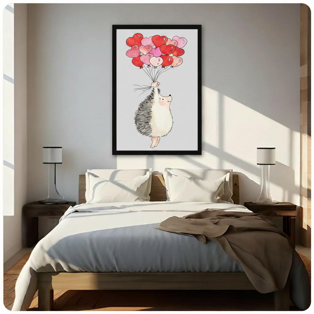 Bedroom wall art of a whimsical hedgehog soaring with heart-shaped red and pink balloons, displayed above a wooden bed in a sunlit minimal bedroom
