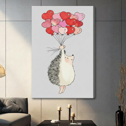 Canvas wrap wall art featuring an adorable hedgehog lifted by a bunch of red and pink heart-shaped balloons, hung on a grey living room wall