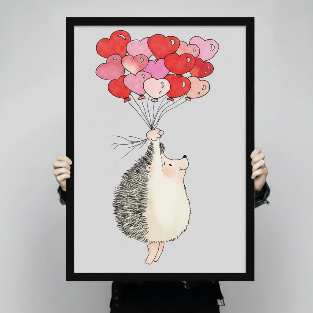 	Hand-held product shot of a black-framed art print showing a cute hedgehog with rosy cheeks clutching a bouquet of red and pink heart balloons