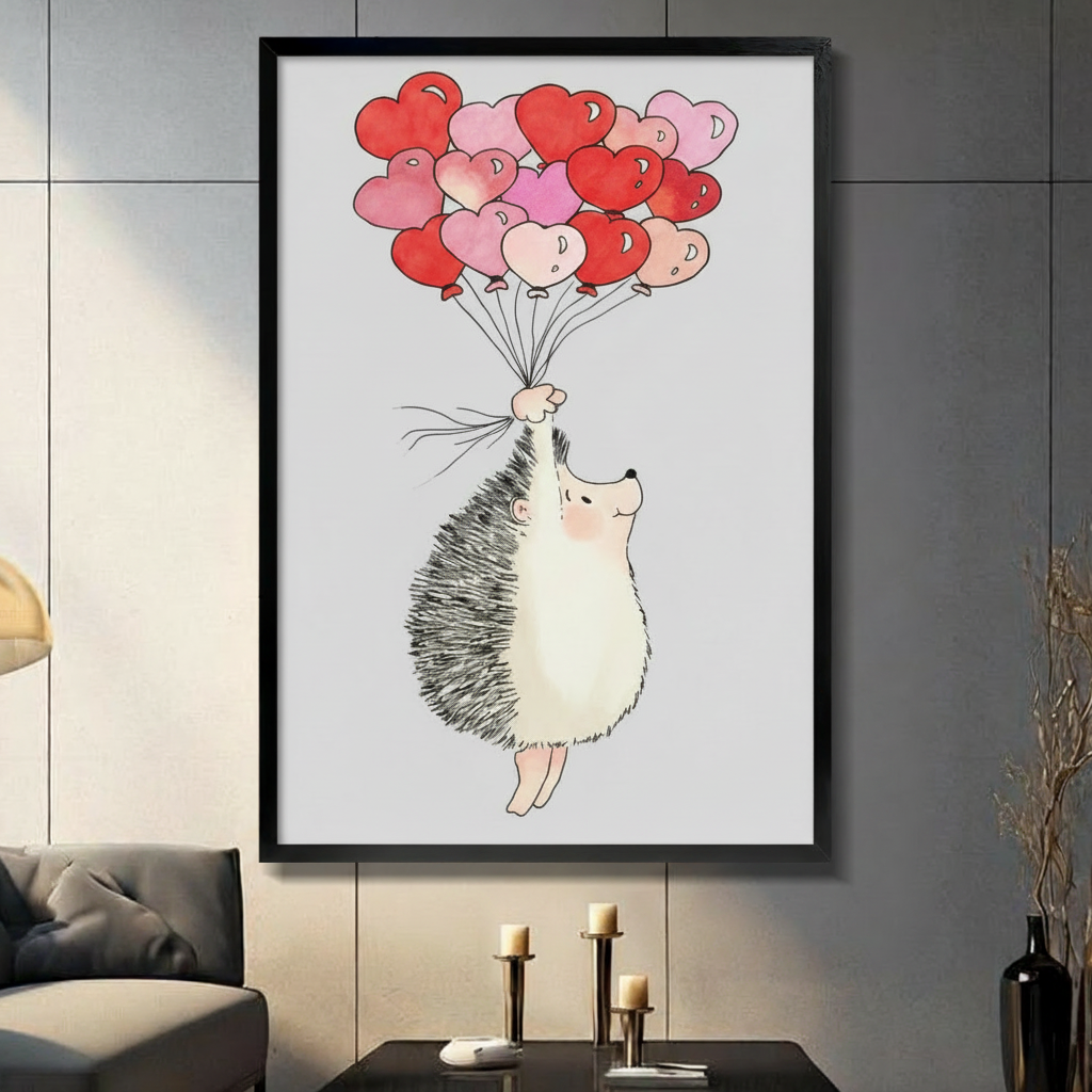 Framed wall art print of a cute hedgehog floating with red and pink heart balloons on a white background, displayed in a modern dark living room