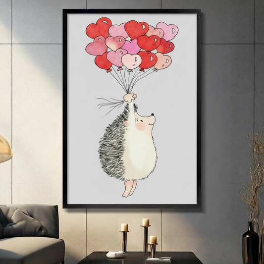 Framed wall art print of a cute hedgehog floating with red and pink heart balloons on a white background, displayed in a modern dark living room