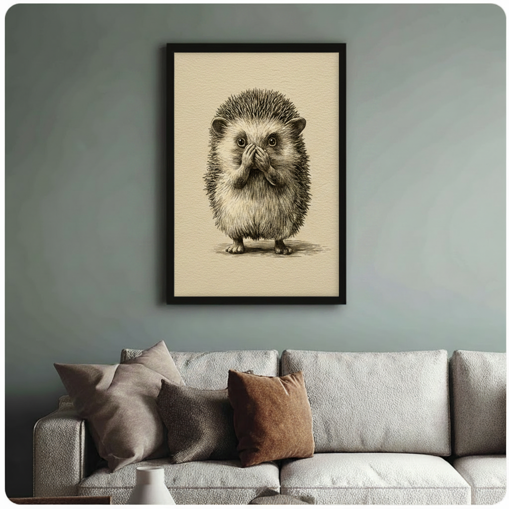 Adorable hedgehog portrait covering its snout with tiny paws, fine-line vintage illustration on cream ground, black framed print above beige fabric sofa in sage green living room