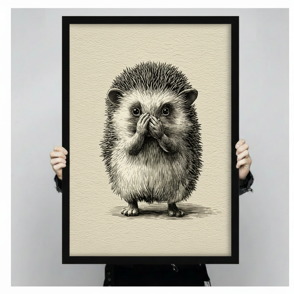 Both hands holding large framed hedgehog print, full artwork view of a surprised hedgehog covering its mouth in vintage pencil illustration style on cream background