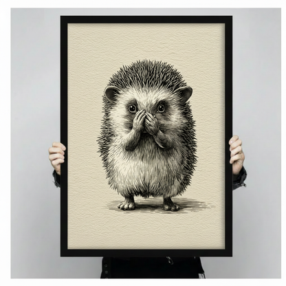 Both hands holding large framed hedgehog print, full artwork view of a surprised hedgehog covering its mouth in vintage pencil illustration style on cream background