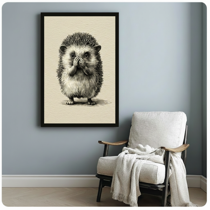 Charming hedgehog wall art with shy surprised expression and detailed spiky texture, vintage sketch style, black framed print beside white linen armchair with draped blanket