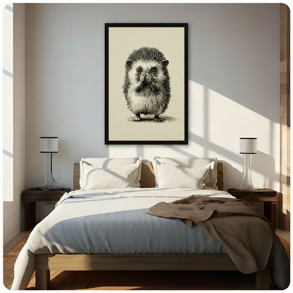 Vintage hedgehog sketch framed wall art above bed in bright minimalist bedroom, cute animal covering mouth with paws, warm natural sunlight with wooden nightstands and modern table lamps