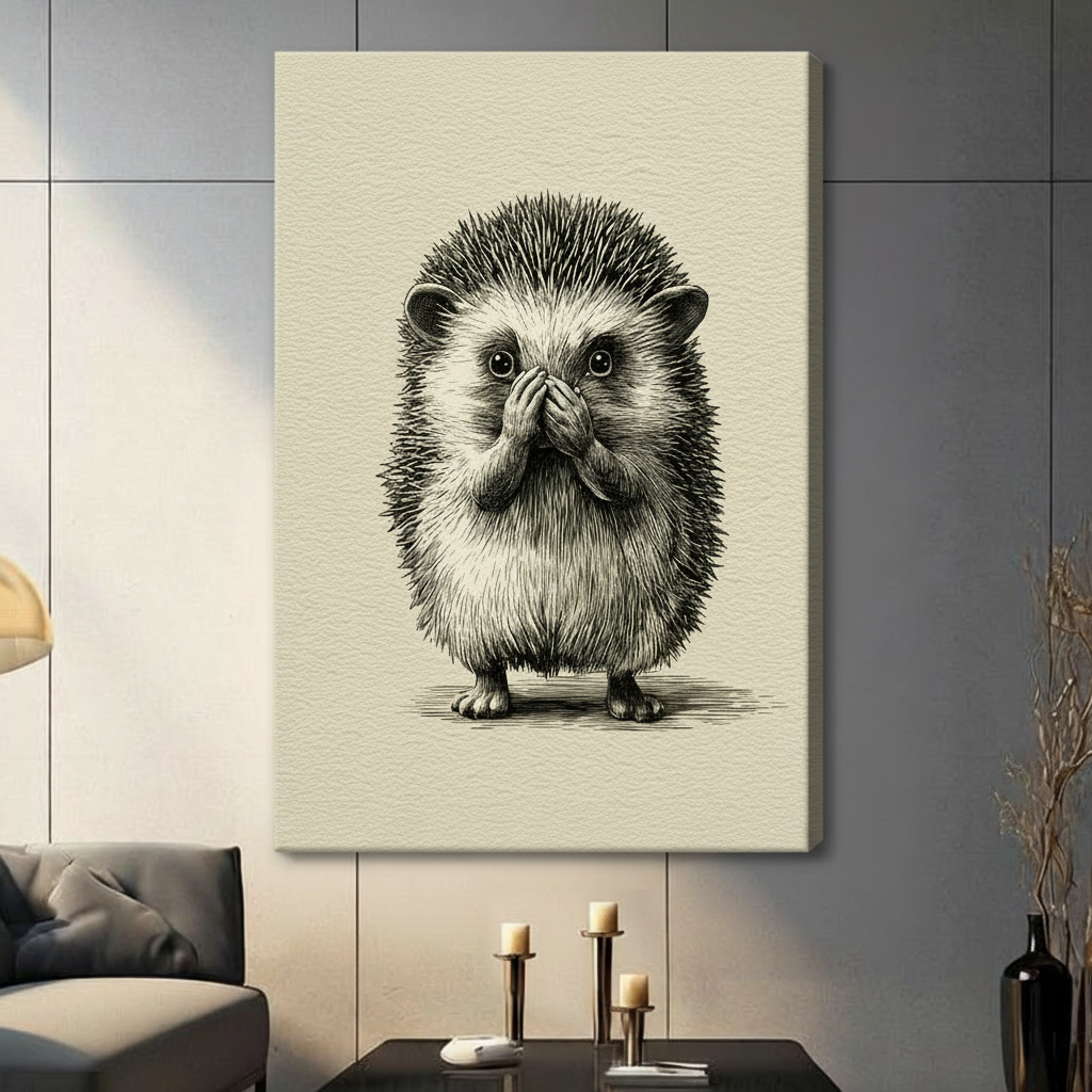 Whimsical hedgehog with wide eyes and paws over mouth, detailed black and white etching style on beige background, canvas wrap wall art in contemporary living room setting
