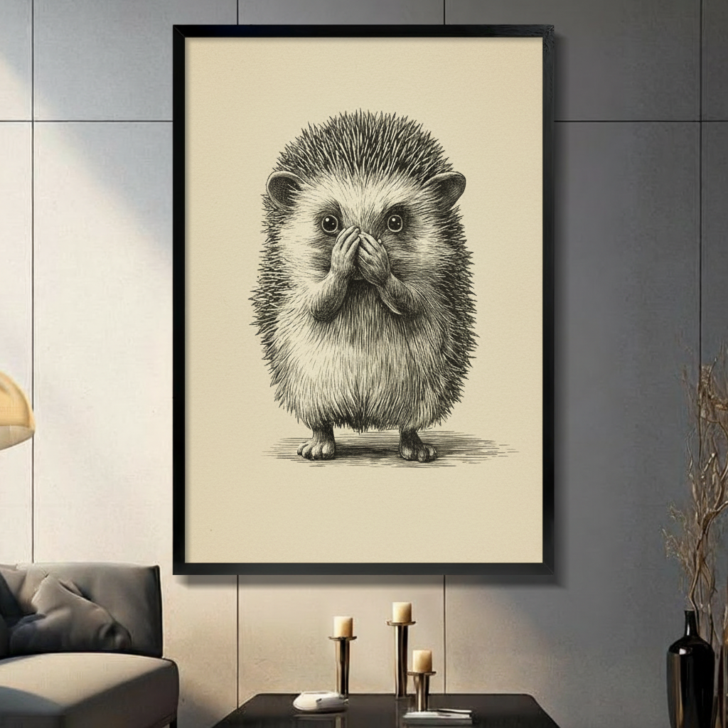 Cute hedgehog covering mouth with paws in a surprised expression, vintage pencil sketch style on cream background, black framed wall art print in modern living room with dark sofa and candle holders