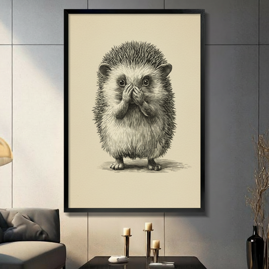 Cute hedgehog covering mouth with paws in a surprised expression, vintage pencil sketch style on cream background, black framed wall art print in modern living room with dark sofa and candle holders