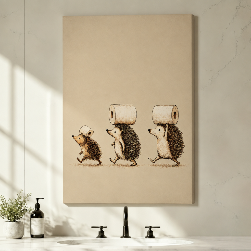 Pen and ink illustration of three hedgehogs of increasing size marching in a line each balancing a toilet paper roll on its back on a warm cream background funny bathroom wall art stretched canvas above bathroom sink white wall