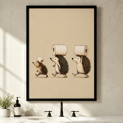 Pen and ink illustration of three hedgehogs of increasing size marching in a line each balancing a toilet paper roll on its back on a warm cream background funny bathroom wall art framed print above bathroom sink white wall