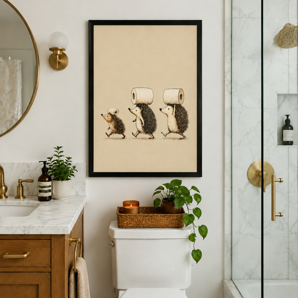 Pen and ink illustration of three hedgehogs of increasing size marching in a line each balancing a toilet paper roll on its back on a warm cream background funny bathroom wall art framed print above toilet marble bathroom gold fixtures