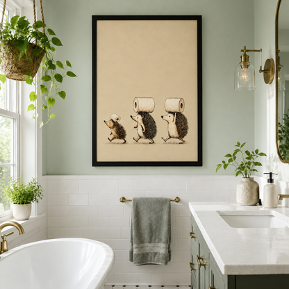 Pen and ink illustration of three hedgehogs of increasing size marching in a line each balancing a toilet paper roll on its back on a warm cream background funny bathroom wall art framed print sage green bathroom white subway tile gold fixtures