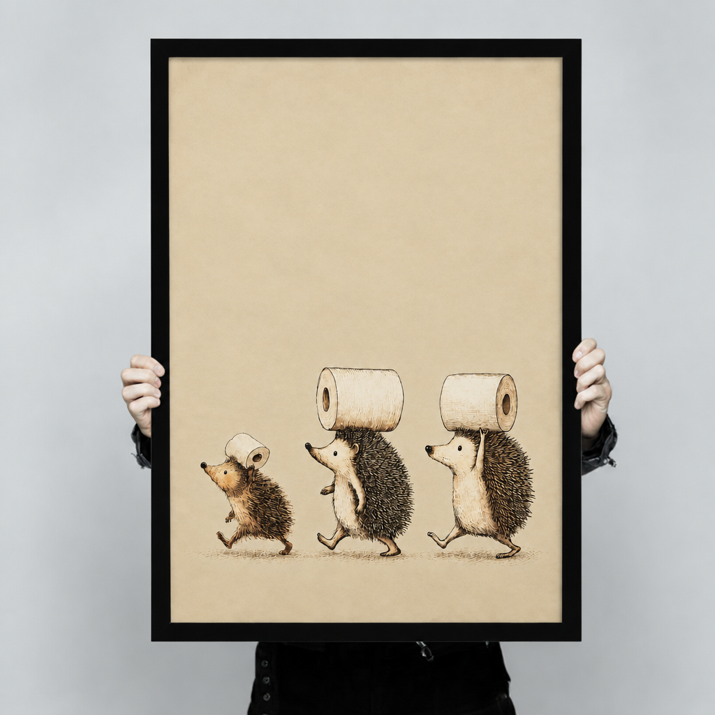 Pen and ink illustration of three hedgehogs of increasing size marching in a line each balancing a toilet paper roll on its back on a warm cream background funny bathroom wall art framed print held up