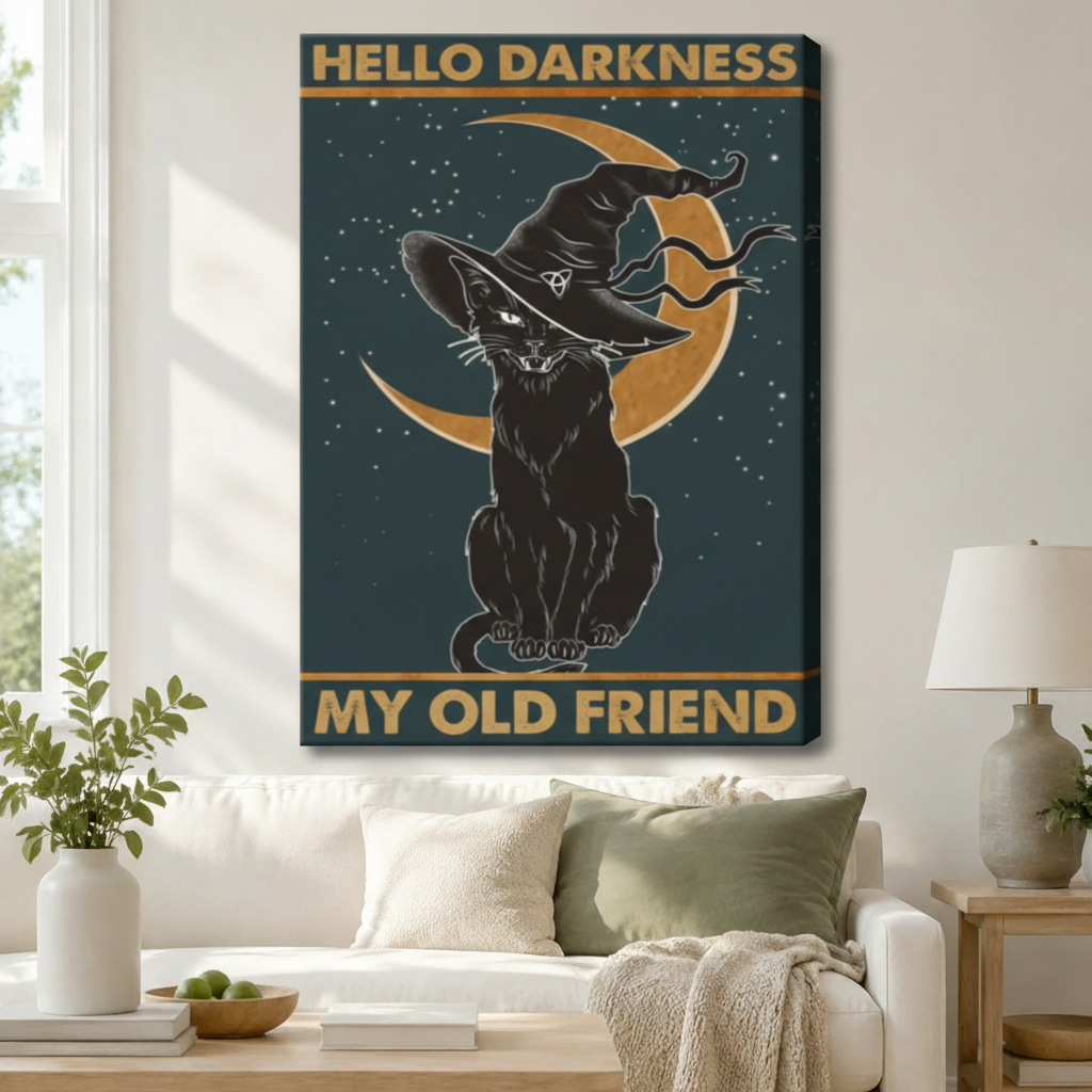 Gallery wrap canvas of Hello Darkness My Old Friend gothic black cat in witch hat with gold crescent moon hanging above white sofa with sage throw pillows in modern living room