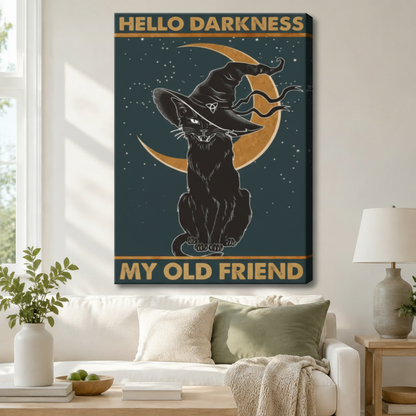 Gallery wrap canvas of Hello Darkness My Old Friend gothic black cat in witch hat with gold crescent moon hanging above white sofa with sage throw pillows in modern living room
