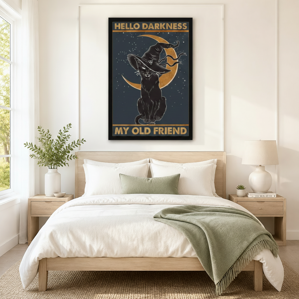 Hello Darkness My Old Friend black cat witch hat gold moon vintage wall art in black frame hanging above neutral linen king bed with wooden nightstands in minimalist American bedroom