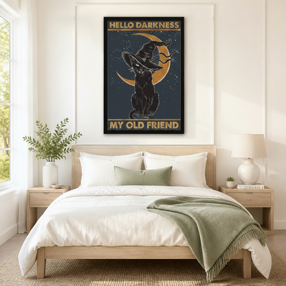 Hello Darkness My Old Friend black cat witch hat gold moon vintage wall art in black frame hanging above neutral linen king bed with wooden nightstands in minimalist American bedroom
