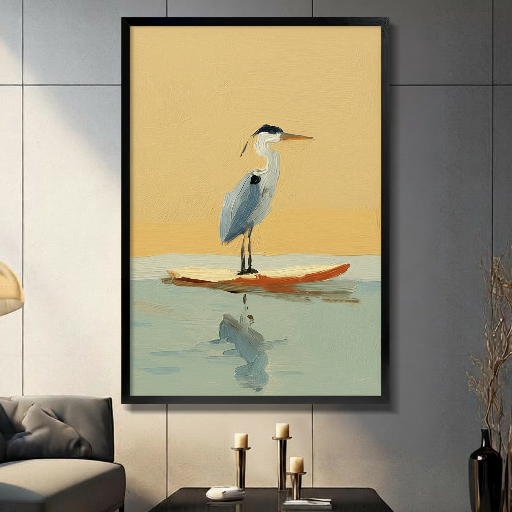Large black framed great blue heron standing on an orange surfboard wall art print mounted on a dark grey panel wall above a console with candles