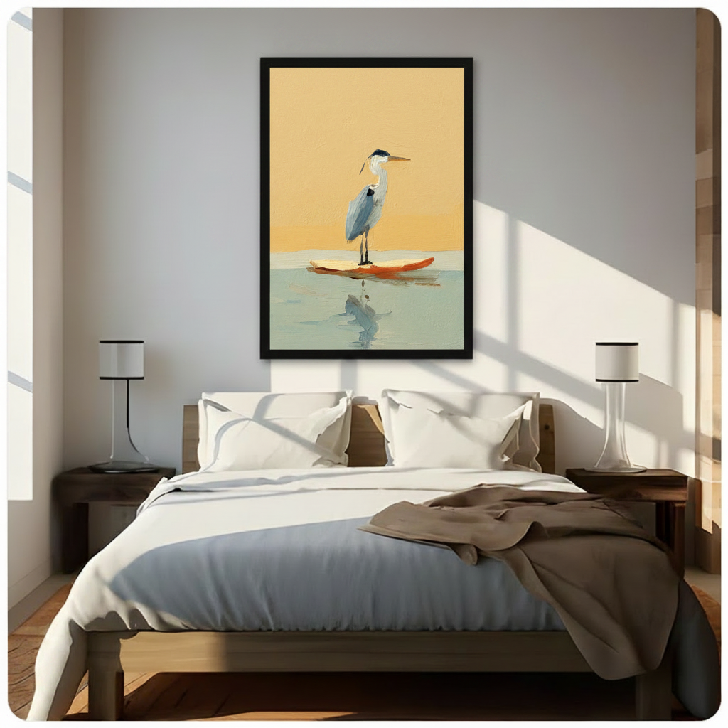 Black framed heron on surfboard oil painting print displayed above a wooden bed with white linen in a bright minimalist bedroom
