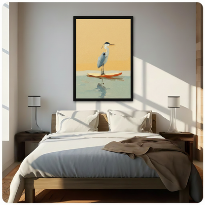 Black framed heron on surfboard oil painting print displayed above a wooden bed with white linen in a bright minimalist bedroom