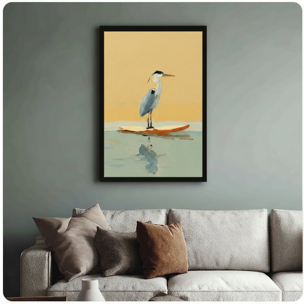 Black framed great blue heron on surfboard oil painting wall art above a cream sofa in a sage green living room